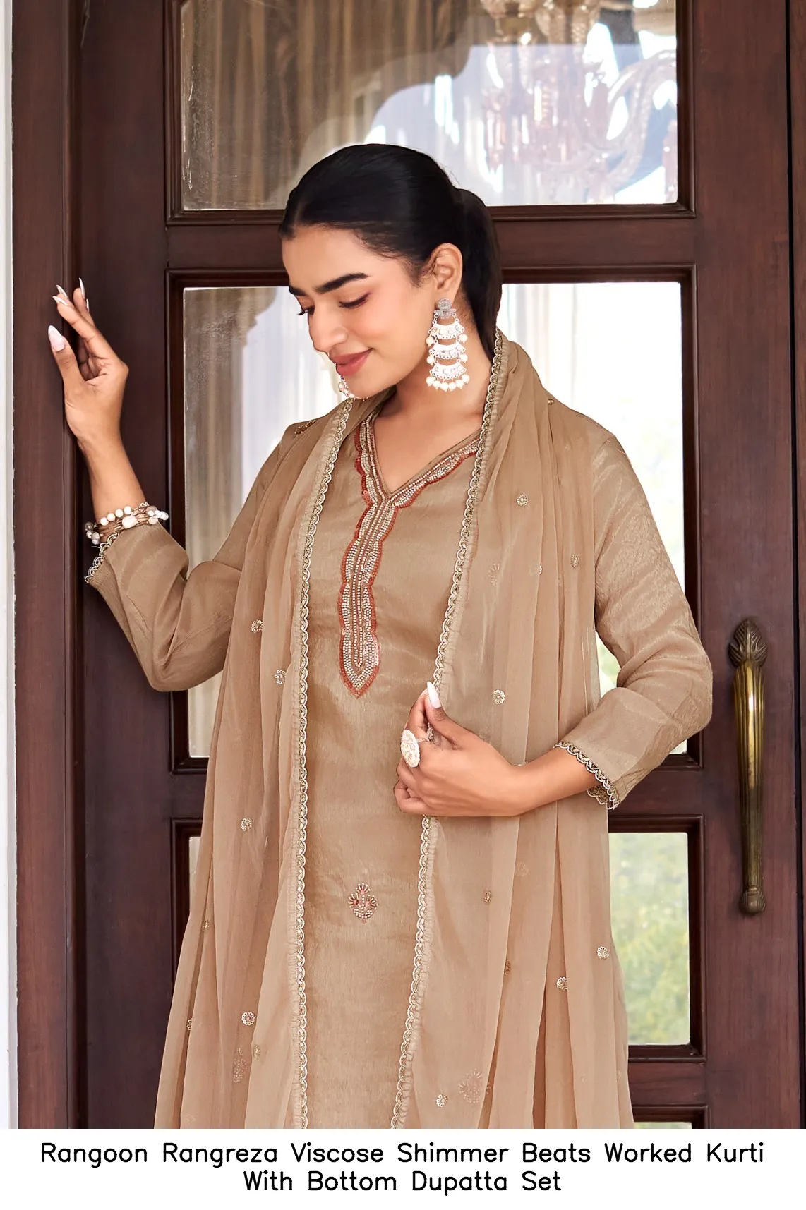 Rangoon Rangreza Viscose Shimmer Beats Worked Kurti With Bottom Dupatta Set — Wholesale Readymade Suit, Rangoon wholesale from Surat - Gallery Image 6