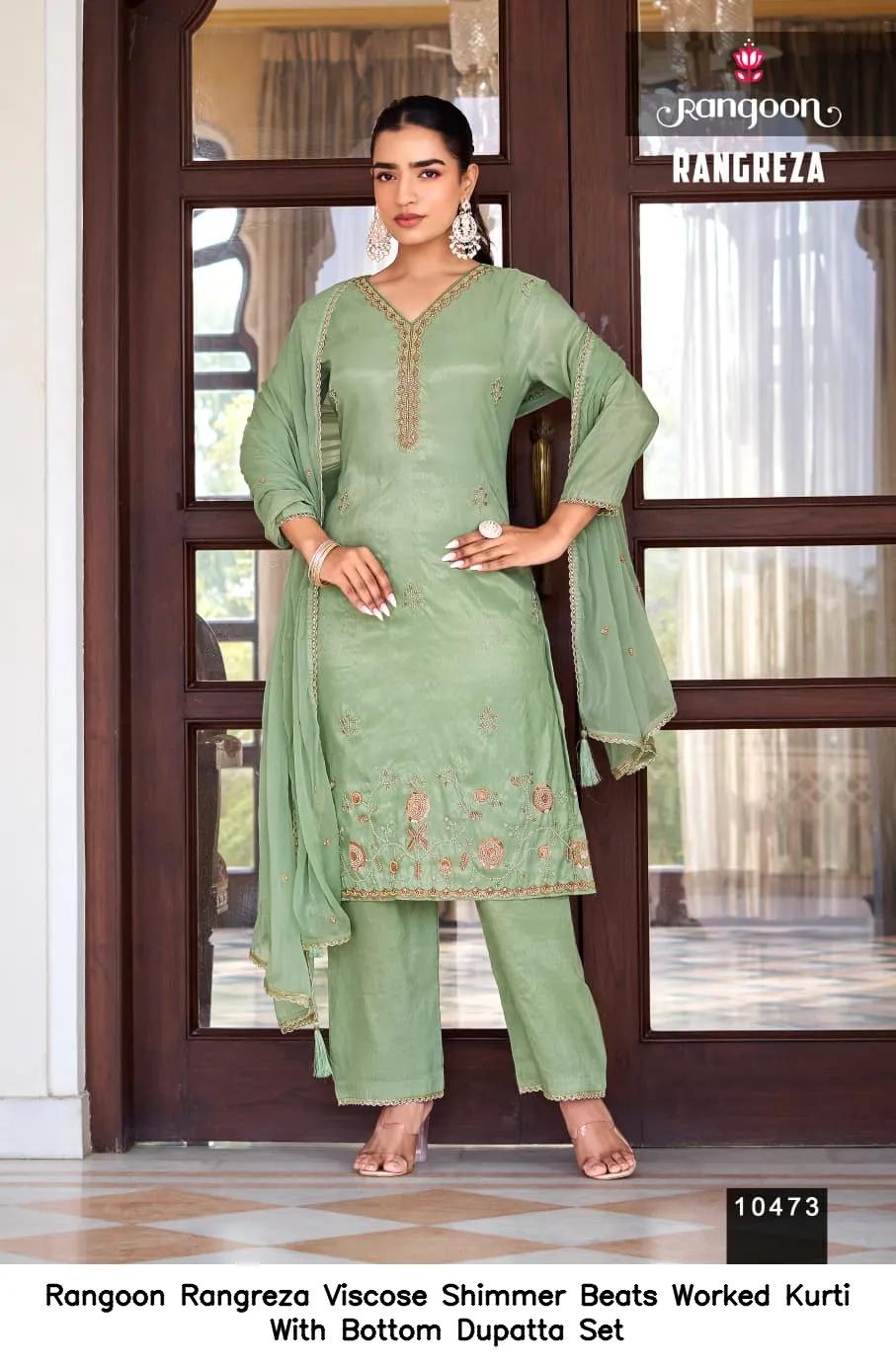 Rangoon Rangreza Viscose Shimmer Beats Worked Kurti With Bottom Dupatta Set — Wholesale Readymade Suit, Rangoon wholesale from Surat — view 7