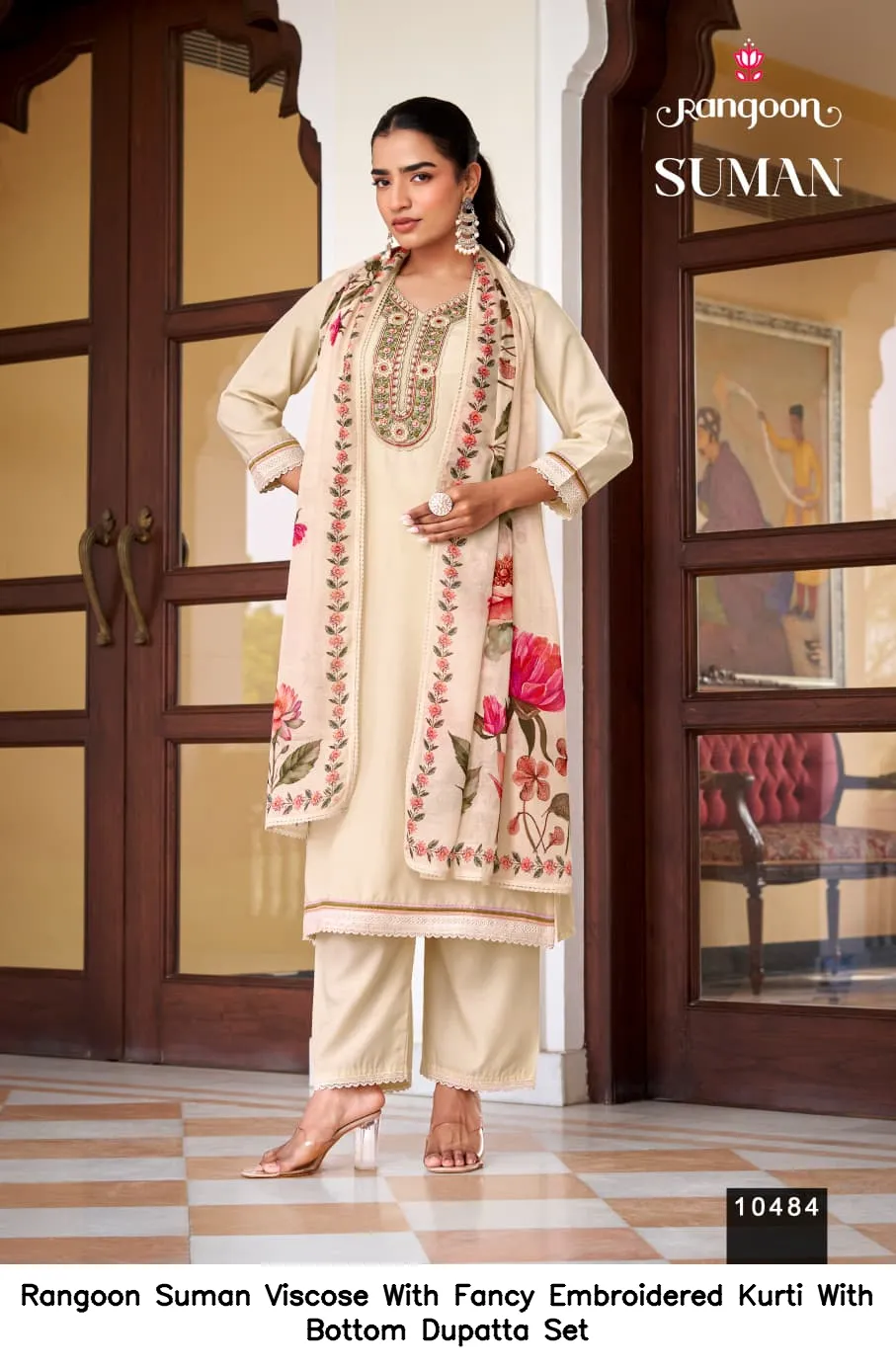 Rangoon Suman Viscose With Fancy Embroidered Kurti With Bottom Dupatta Set — Wholesale Salwar Suits, Rangoon wholesale from Surat - Gallery Image 3