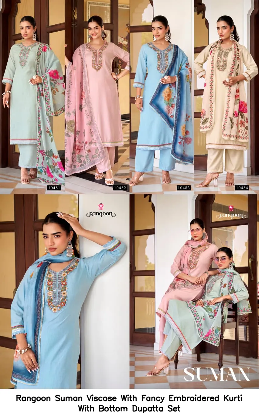 Rangoon Suman Viscose With Fancy Embroidered Kurti With Bottom Dupatta Set — Wholesale Salwar Suits, Rangoon wholesale from Surat - Gallery Image 4