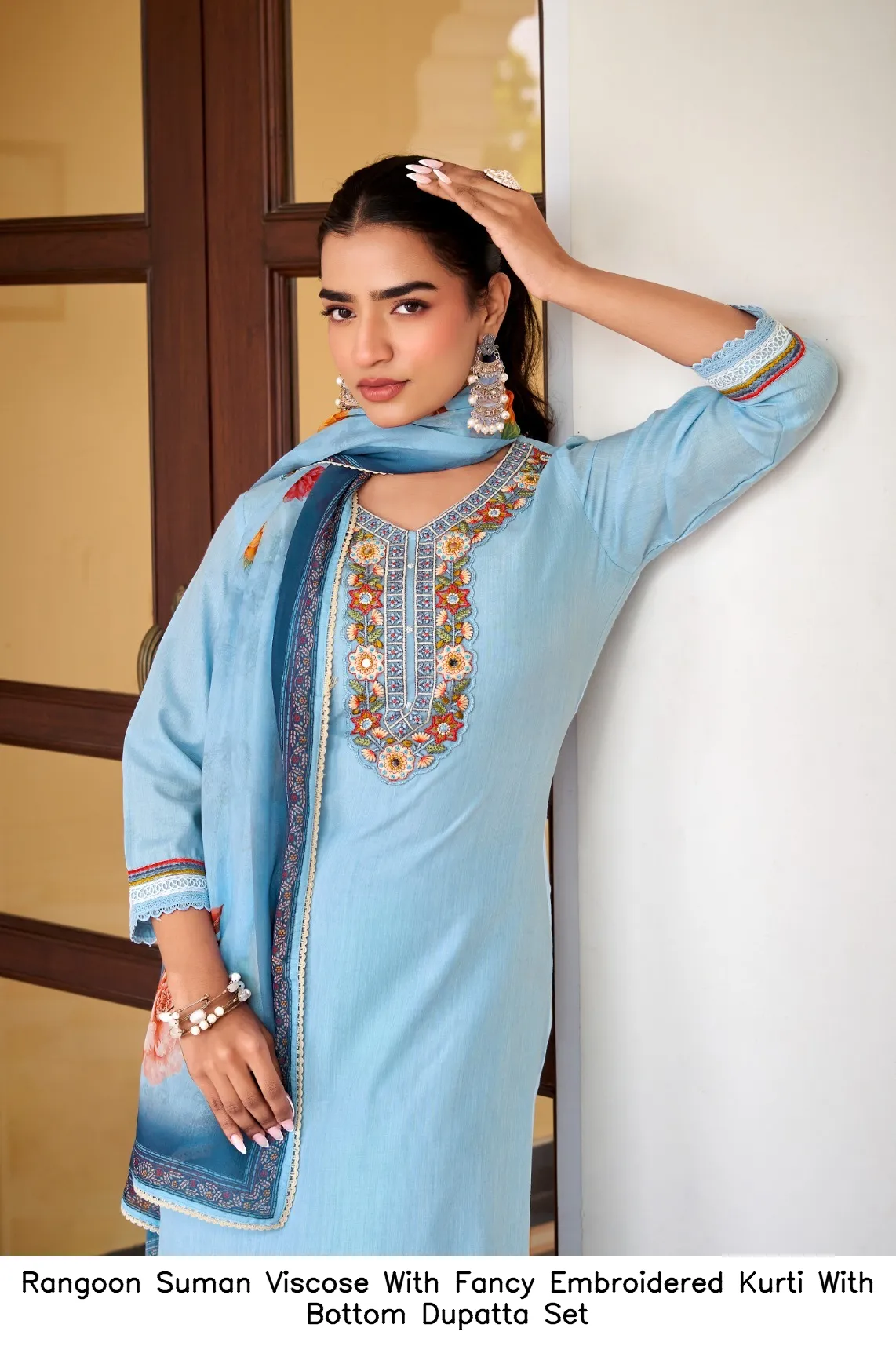 Rangoon Suman Viscose With Fancy Embroidered Kurti With Bottom Dupatta Set — Wholesale Salwar Suits, Rangoon wholesale from Surat - Gallery Image 5