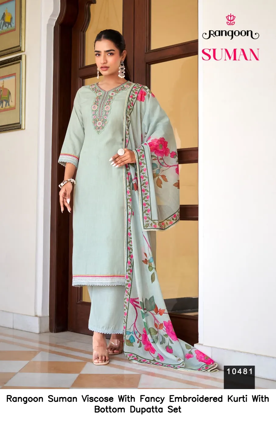 Rangoon Suman Viscose With Fancy Embroidered Kurti With Bottom Dupatta Set — Wholesale Salwar Suits, Rangoon wholesale from Surat — view 6