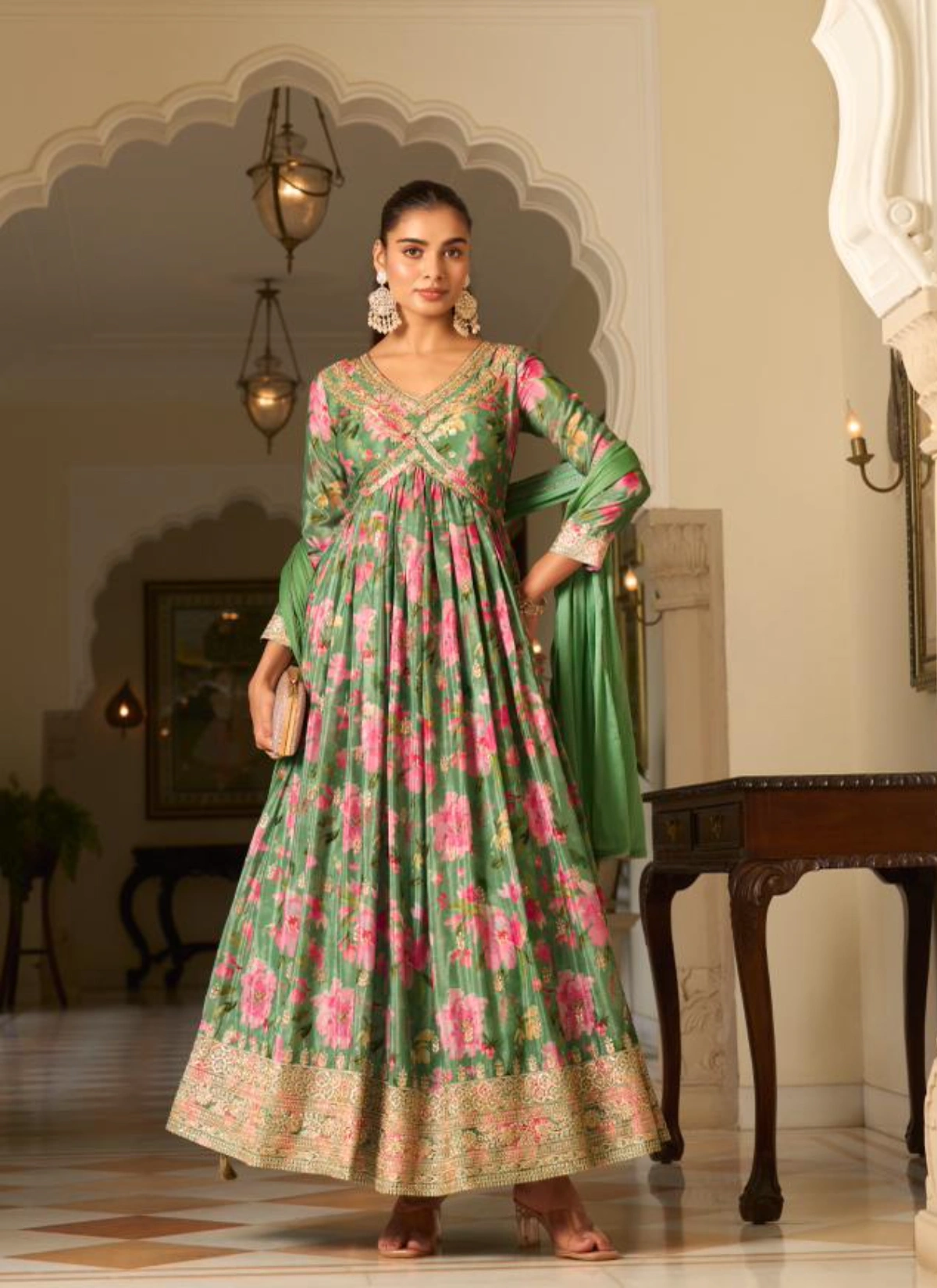 Sanika Jagmag Chinon Silk Designer Gown With Dupatta Set — Wholesale Designer Salwar Suits, Sanika wholesale from Surat — view 1