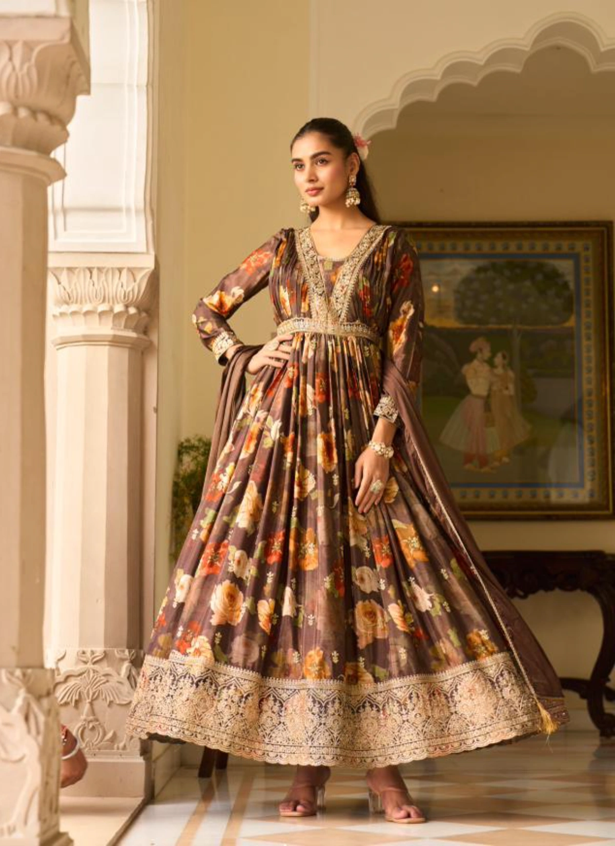 Sanika Jagmag Chinon Silk Designer Gown With Dupatta Set — Wholesale Designer Salwar Suits, Sanika wholesale from Surat - Gallery Image 2