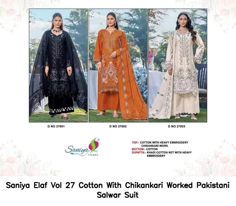 Saniya Elaf Vol 27 Cotton With Chikankari Worked Pakistani Salwar Suit — Wholesale Pakistani Suits, Saniya wholesale from Surat — view 6