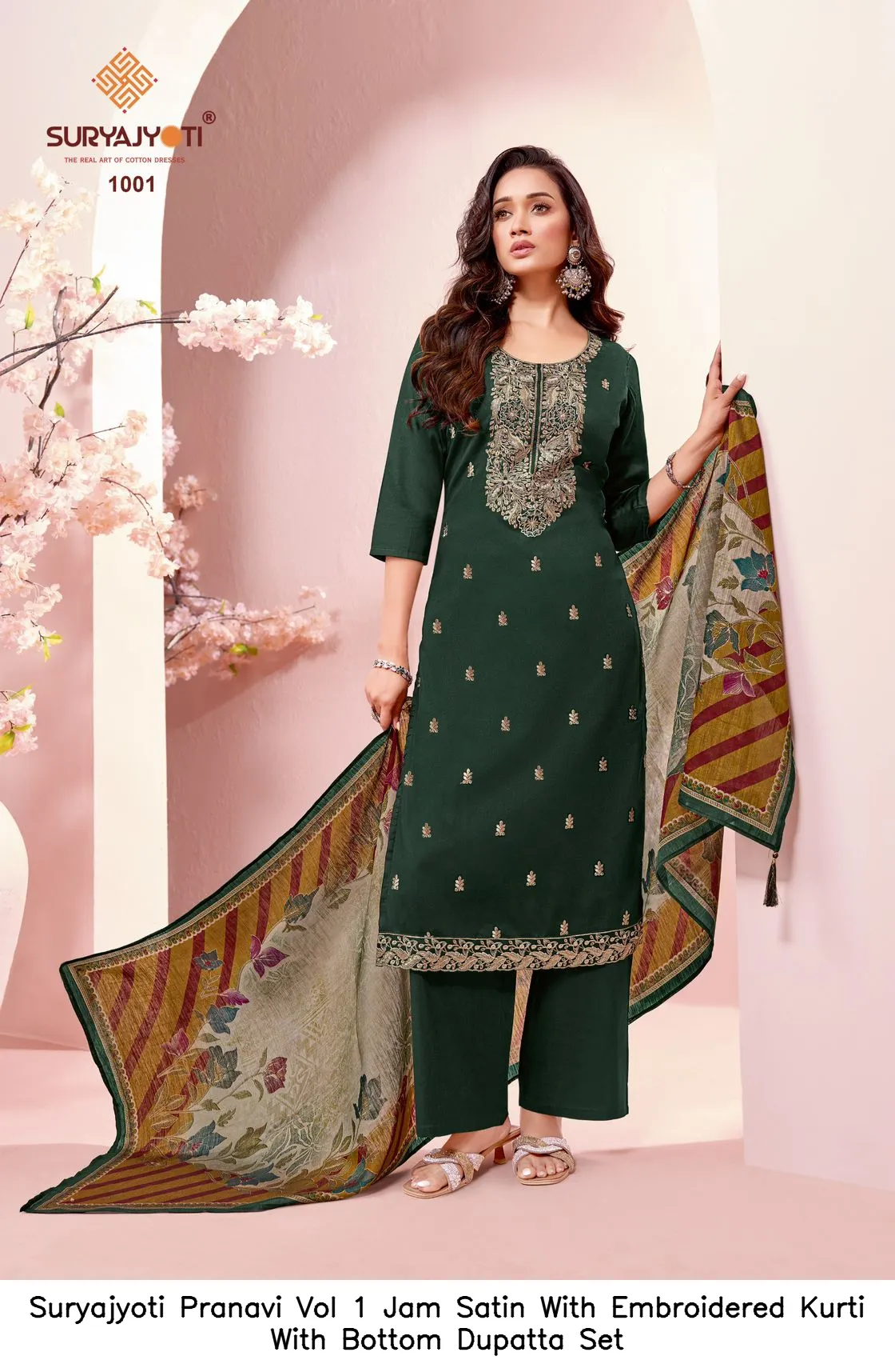 Suryajyoti Pranavi Vol 1 Jam Satin With Embroidered Kurti With Bottom Dupatta Set — Wholesale Kurti With Bottom Dupatta, Suryajyoti wholesale from Surat - Gallery Image 2