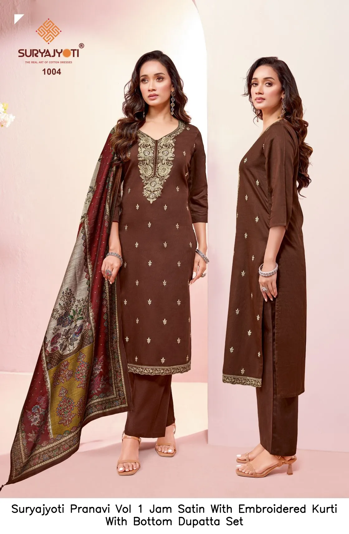 Suryajyoti Pranavi Vol 1 Jam Satin With Embroidered Kurti With Bottom Dupatta Set — Wholesale Kurti With Bottom Dupatta, Suryajyoti wholesale from Surat - Gallery Image 3