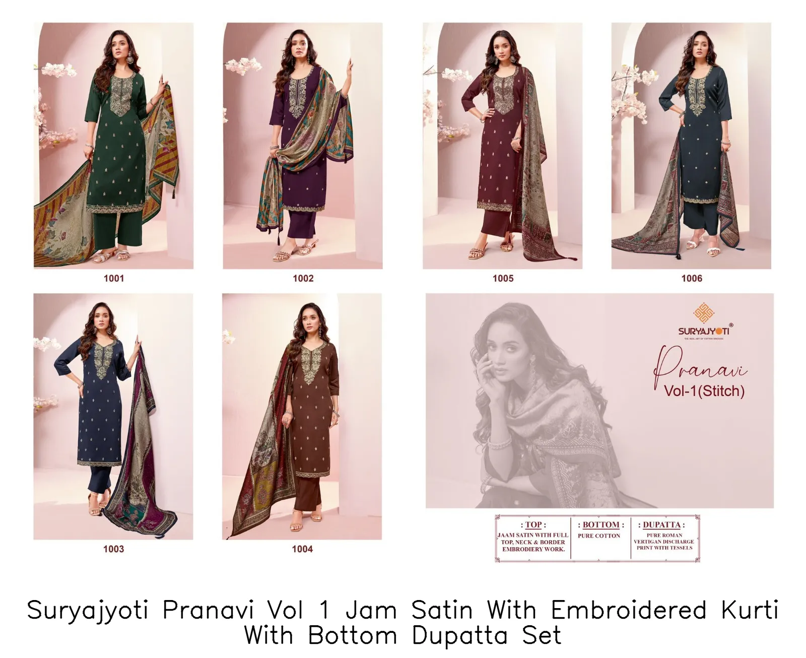 Suryajyoti Pranavi Vol 1 Jam Satin With Embroidered Kurti With Bottom Dupatta Set — Wholesale Kurti With Bottom Dupatta, Suryajyoti wholesale from Surat - Gallery Image 4