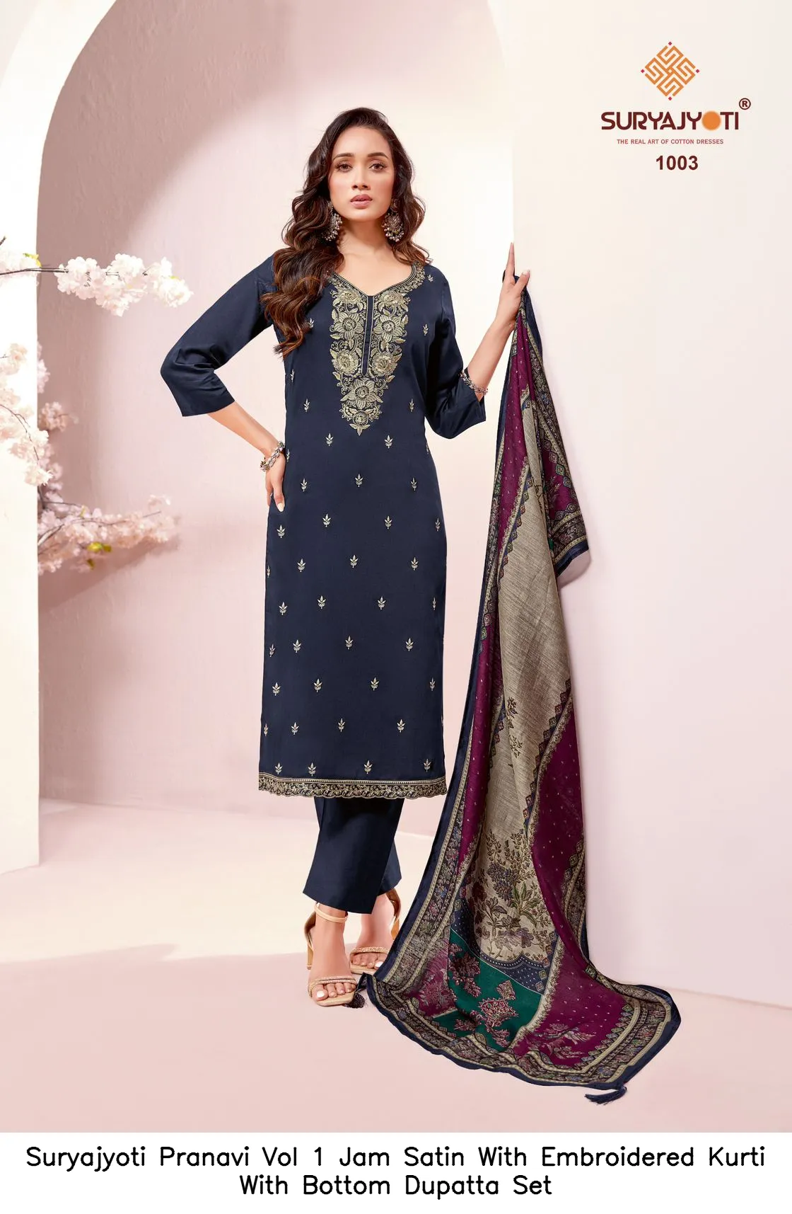 Suryajyoti Pranavi Vol 1 Jam Satin With Embroidered Kurti With Bottom Dupatta Set — Wholesale Kurti With Bottom Dupatta, Suryajyoti wholesale from Surat - Gallery Image 5