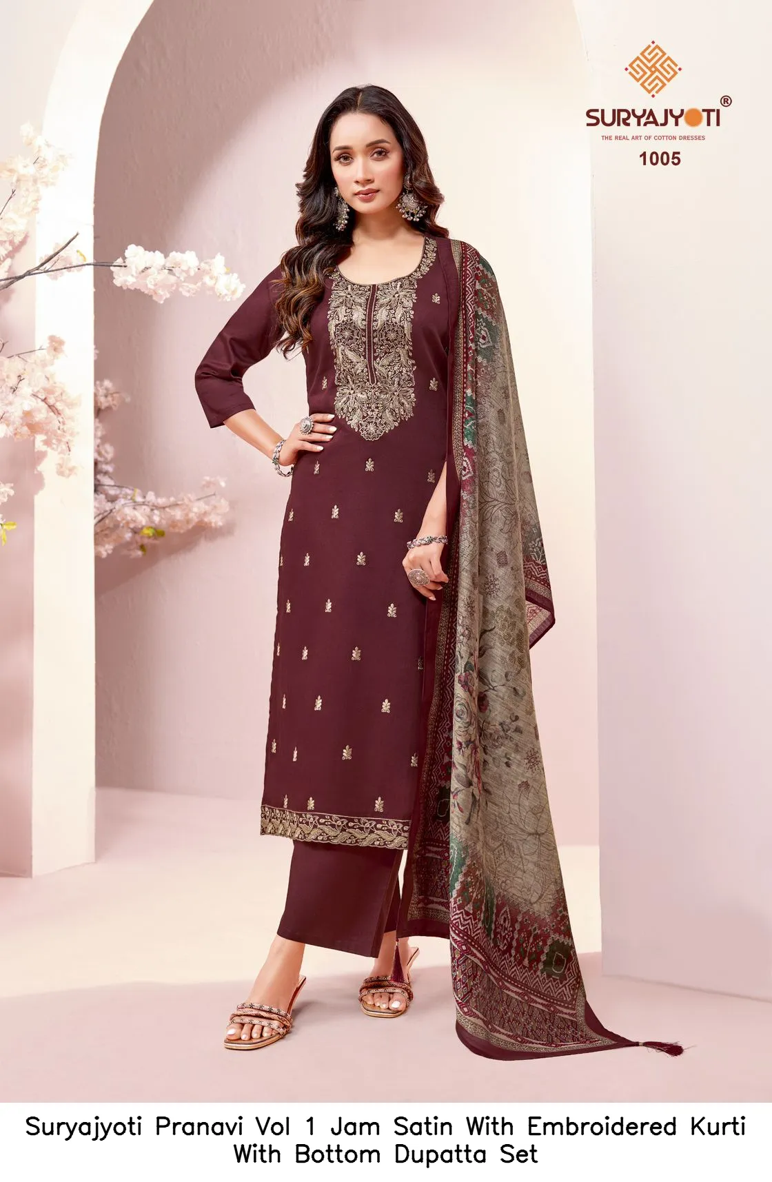 Suryajyoti Pranavi Vol 1 Jam Satin With Embroidered Kurti With Bottom Dupatta Set — Wholesale Kurti With Bottom Dupatta, Suryajyoti wholesale from Surat - Gallery Image 6