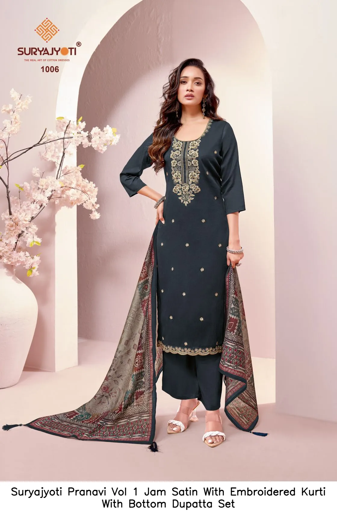 Suryajyoti Pranavi Vol 1 Jam Satin With Embroidered Kurti With Bottom Dupatta Set — Wholesale Kurti With Bottom Dupatta, Suryajyoti wholesale from Surat — view 7