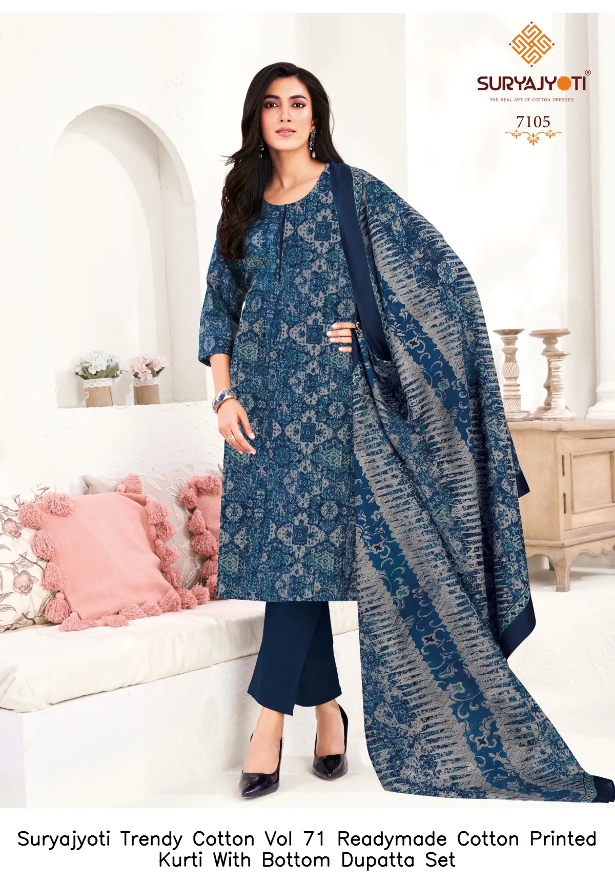 Suryajyoti Trendy Cotton Vol 71 Readymade Cotton Printed Kurti With Bottom Dupatta Set — Wholesale Cotton Kurti Pant Set, Suryajyoti wholesale from Surat — view 16