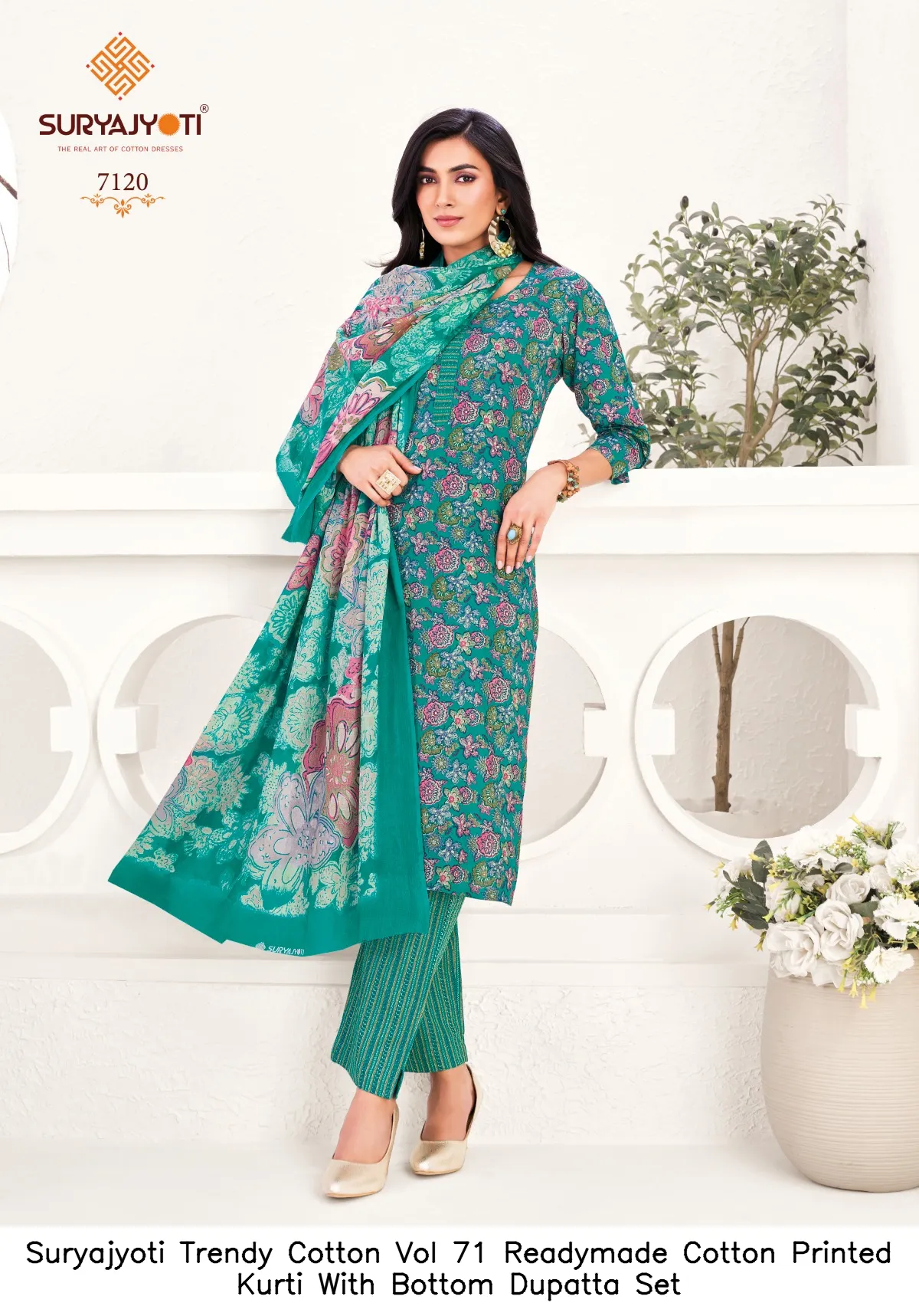 Suryajyoti Trendy Cotton Vol 71 Readymade Cotton Printed Kurti With Bottom Dupatta Set — Wholesale Cotton Kurti Pant Set, Suryajyoti wholesale from Surat — view 2