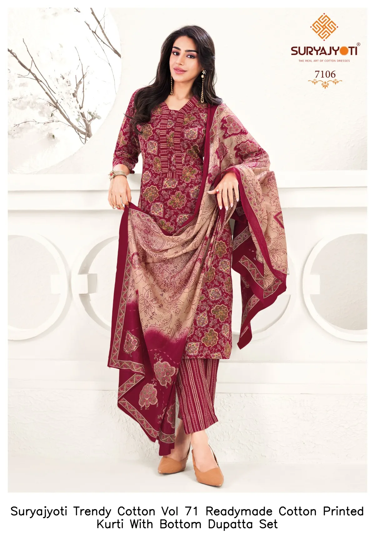 Suryajyoti Trendy Cotton Vol 71 Readymade Cotton Printed Kurti With Bottom Dupatta Set — Wholesale Cotton Kurti Pant Set, Suryajyoti wholesale from Surat — view 3