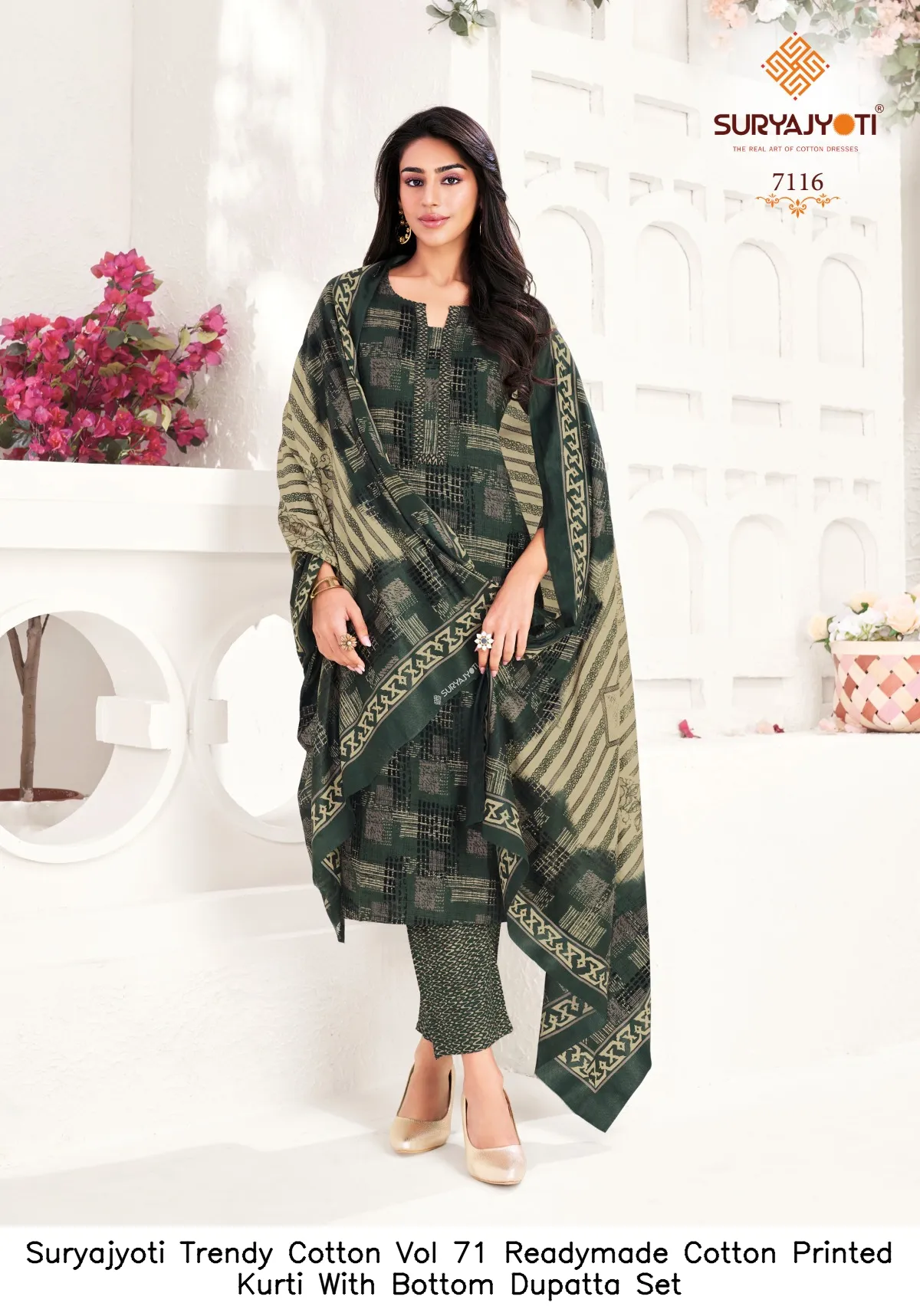 Suryajyoti Trendy Cotton Vol 71 Readymade Cotton Printed Kurti With Bottom Dupatta Set — Wholesale Cotton Kurti Pant Set, Suryajyoti wholesale from Surat — view 4