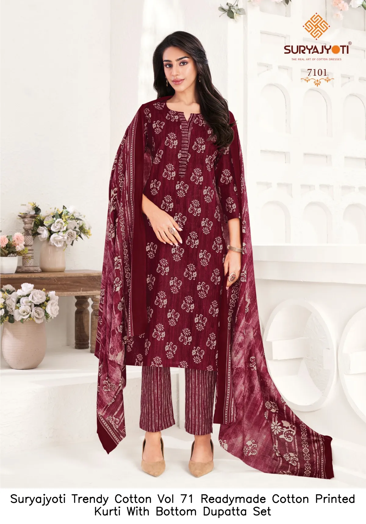 Suryajyoti Trendy Cotton Vol 71 Readymade Cotton Printed Kurti With Bottom Dupatta Set — Wholesale Cotton Kurti Pant Set, Suryajyoti wholesale from Surat — view 5