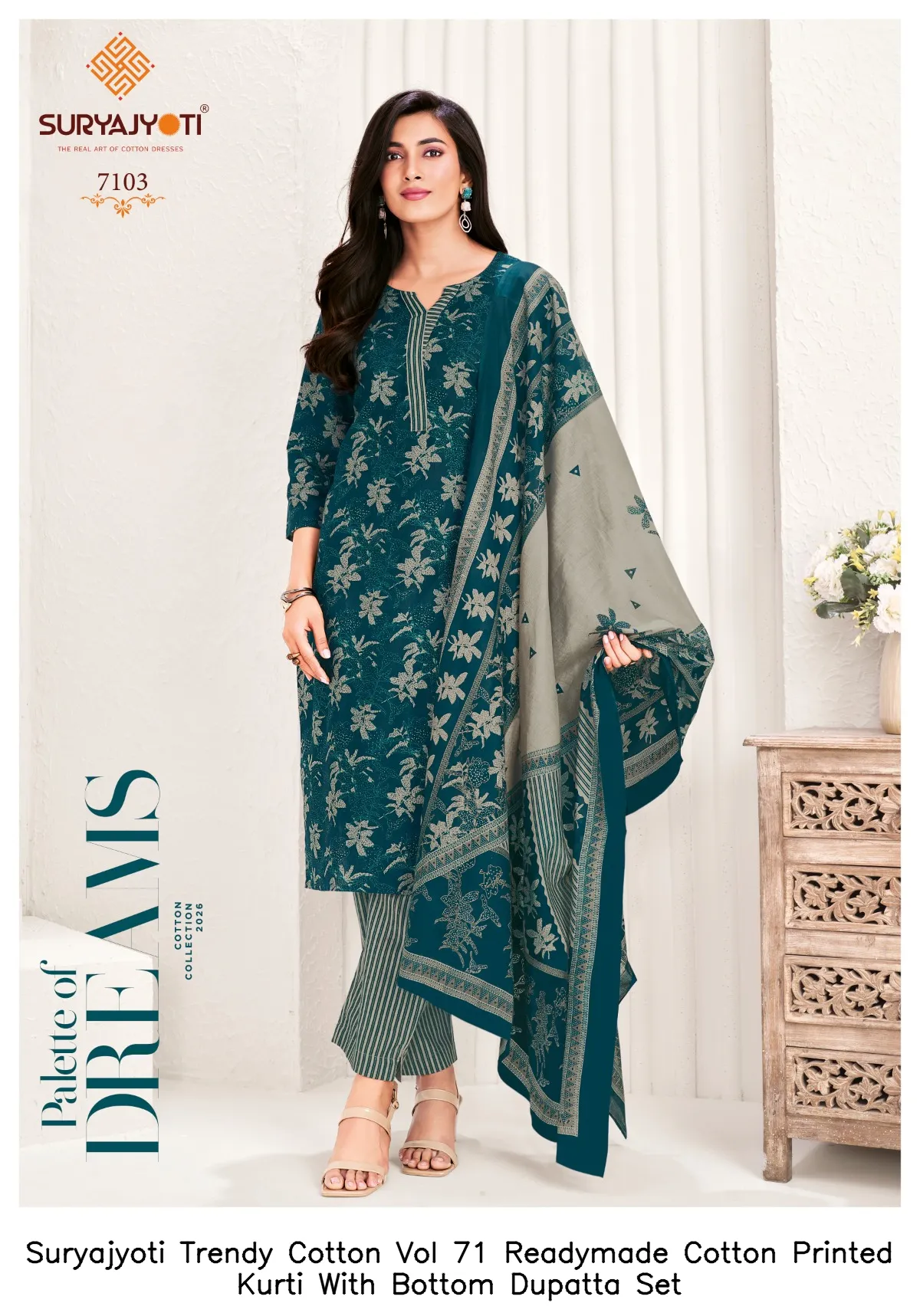 Suryajyoti Trendy Cotton Vol 71 Readymade Cotton Printed Kurti With Bottom Dupatta Set — Wholesale Cotton Kurti Pant Set, Suryajyoti wholesale from Surat — view 7