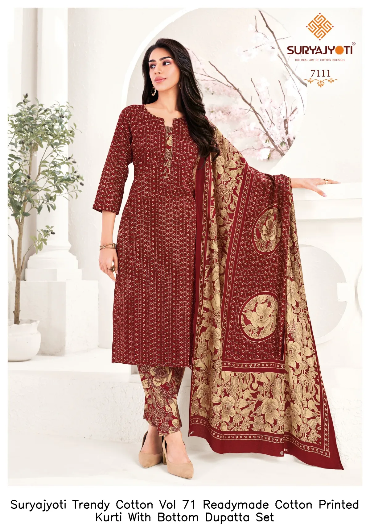 Suryajyoti Trendy Cotton Vol 71 Readymade Cotton Printed Kurti With Bottom Dupatta Set — Wholesale Cotton Kurti Pant Set, Suryajyoti wholesale from Surat — view 9