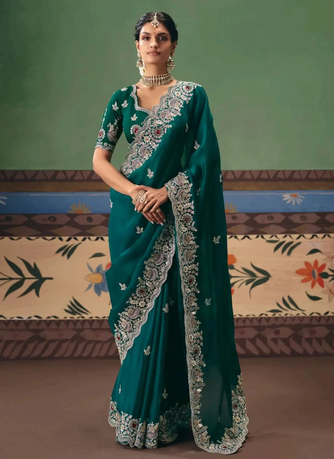 Tissue Classic with Embroidered Work for Green Color Saree