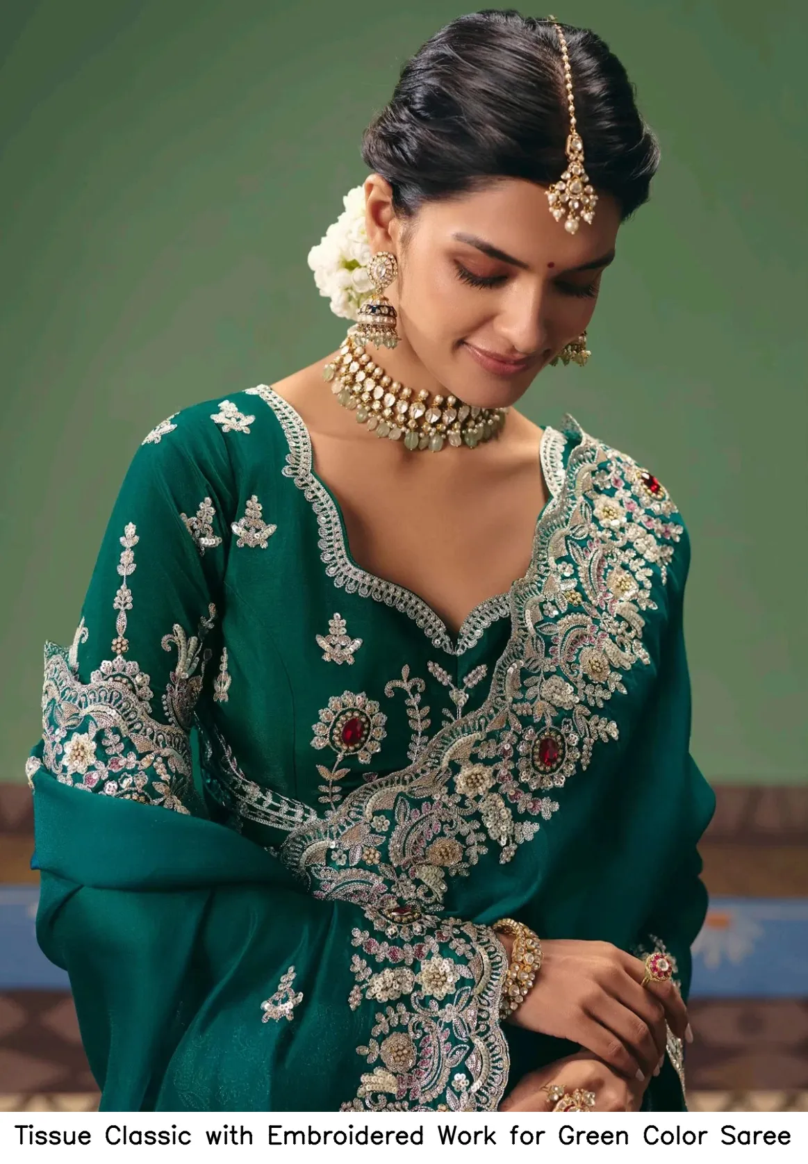 Tissue Classic with Embroidered Work for Green Color Saree — Wholesale Sarees, Vardan Ethnic wholesale from Surat - Gallery Image 2