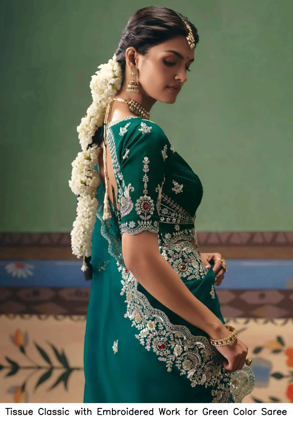 Tissue Classic with Embroidered Work for Green Color Saree — Wholesale Sarees, Vardan Ethnic wholesale from Surat - Gallery Image 4