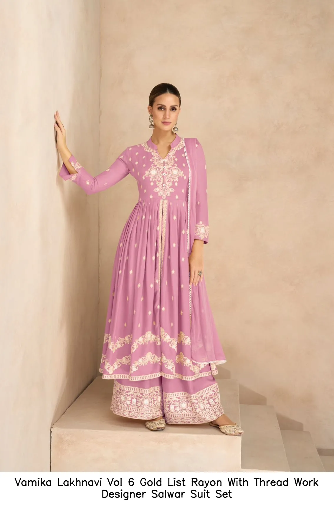 Vamika Lakhnavi Vol 6 Gold List Rayon With Thread Work Designer Salwar Suit Set — Wholesale Kurti With Bottom Dupatta, vamika wholesale from Surat — view 4