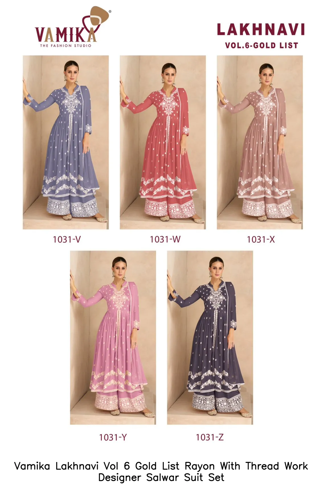 Vamika Lakhnavi Vol 6 Gold List Rayon With Thread Work Designer Salwar Suit Set — Wholesale Kurti With Bottom Dupatta, vamika wholesale from Surat — view 6