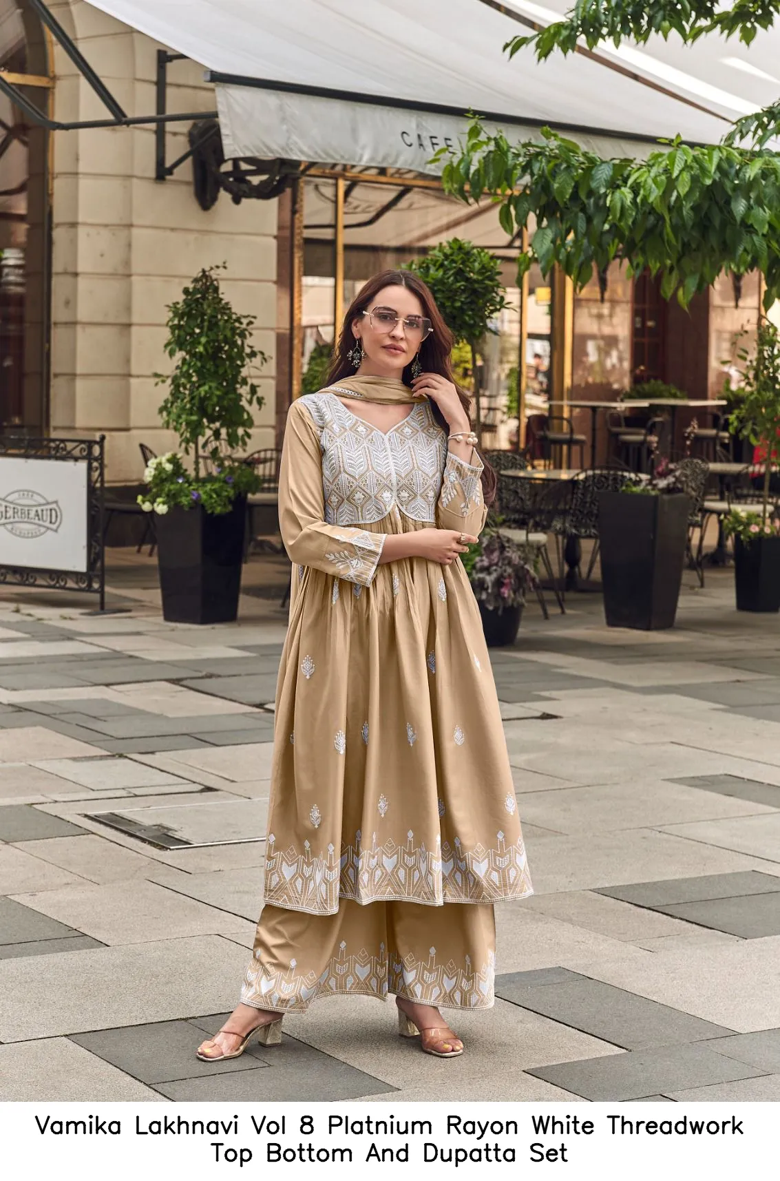 Vamika Lakhnavi Vol 8 Platnium Rayon White Threadwork Top Bottom And Dupatta Set — Wholesale Readymade Pakistani Suits, vamika wholesale from Surat — view 2
