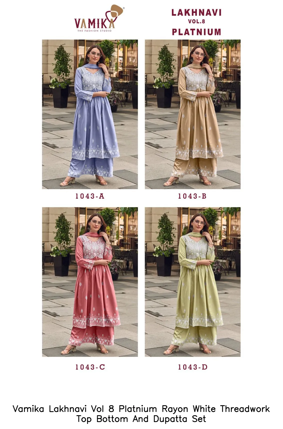 Vamika Lakhnavi Vol 8 Platnium Rayon White Threadwork Top Bottom And Dupatta Set — Wholesale Readymade Pakistani Suits, vamika wholesale from Surat — view 3