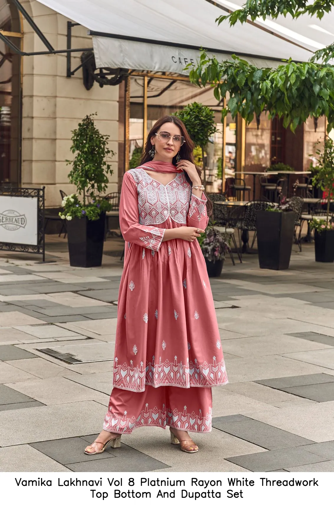 Vamika Lakhnavi Vol 8 Platnium Rayon White Threadwork Top Bottom And Dupatta Set — Wholesale Readymade Pakistani Suits, vamika wholesale from Surat — view 4