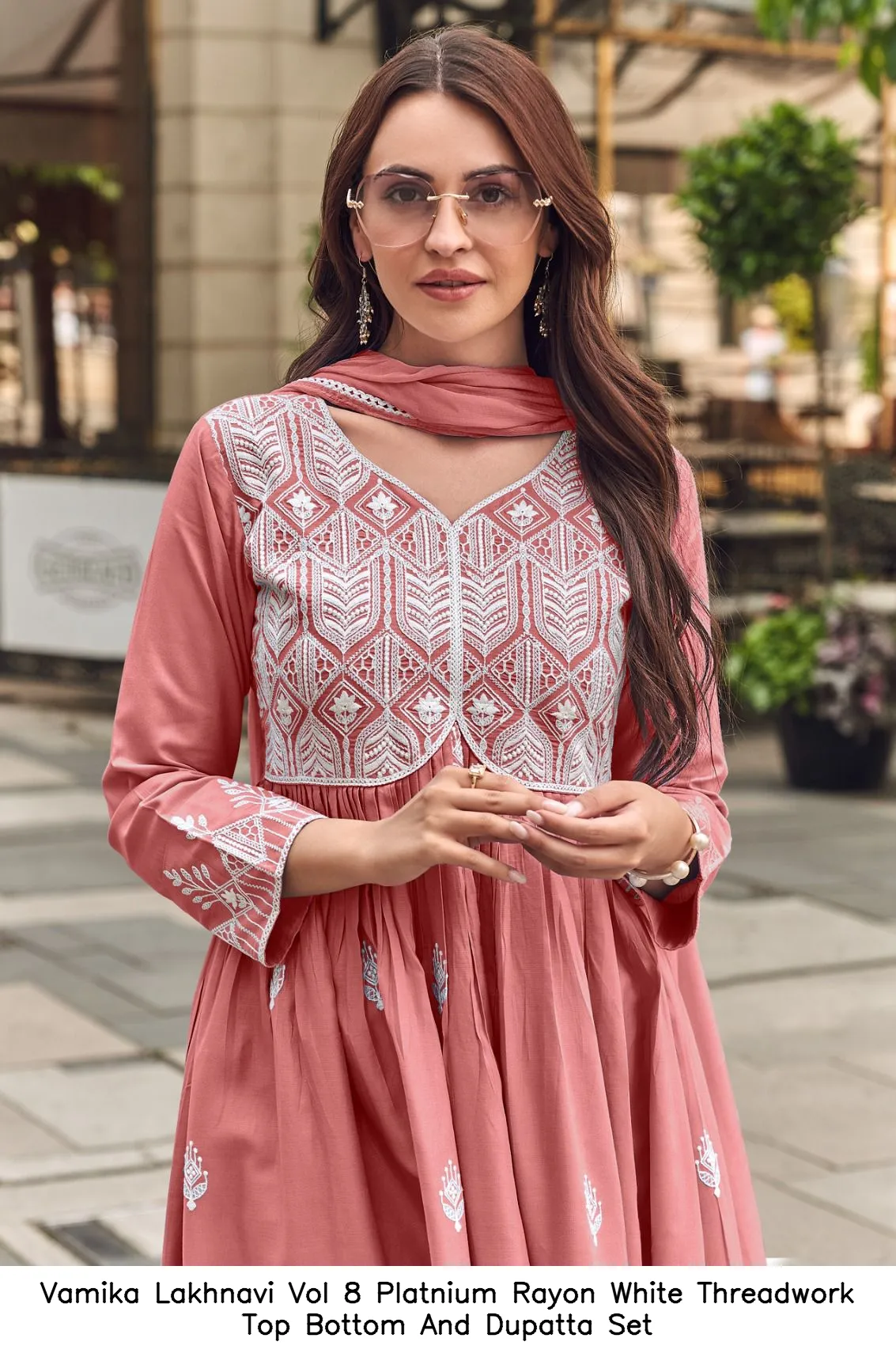 Vamika Lakhnavi Vol 8 Platnium Rayon White Threadwork Top Bottom And Dupatta Set — Wholesale Readymade Pakistani Suits, vamika wholesale from Surat — view 5