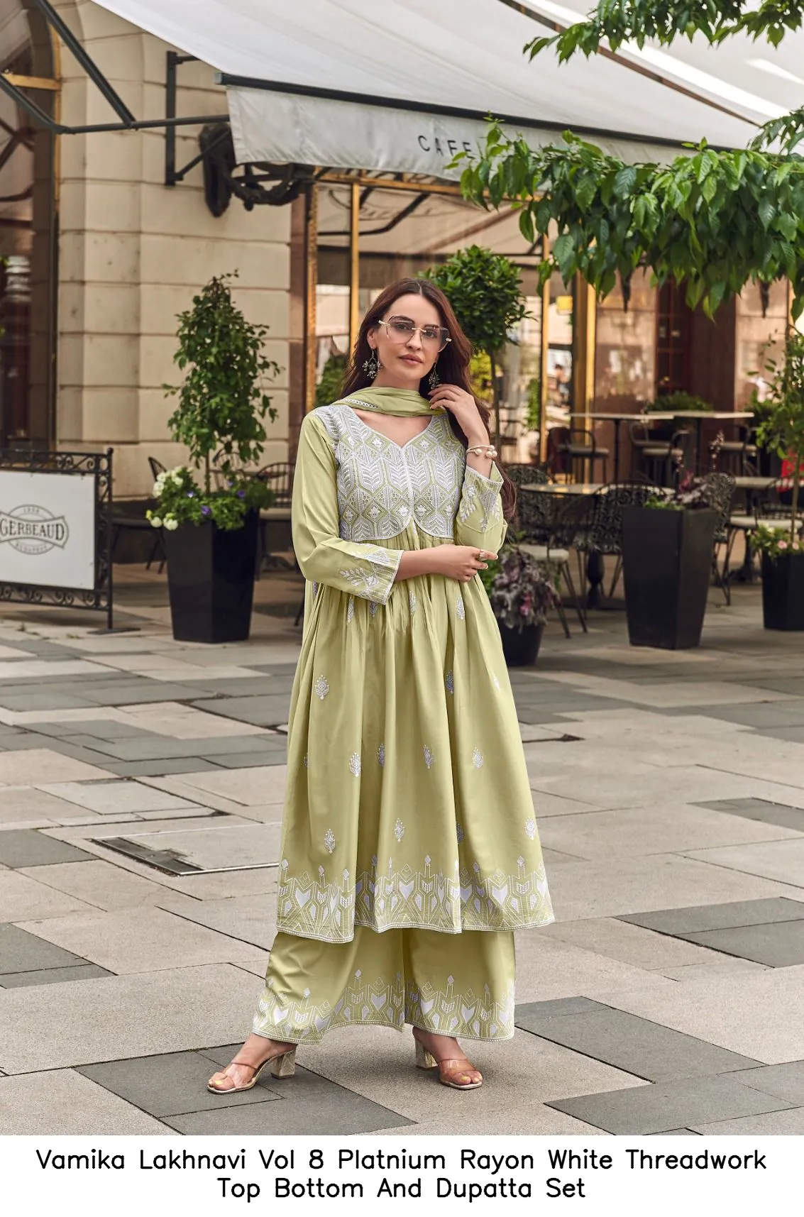 Vamika Lakhnavi Vol 8 Platnium Rayon White Threadwork Top Bottom And Dupatta Set — Wholesale Readymade Pakistani Suits, vamika wholesale from Surat — view 6