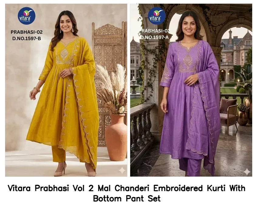 Vitara Prabhasi Vol 2 Mal Chanderi Embroidered Kurti With Bottom Pant Set — Wholesale Cotton Kurti Pant Set, Vitara Fashion wholesale from Surat - Gallery Image 2