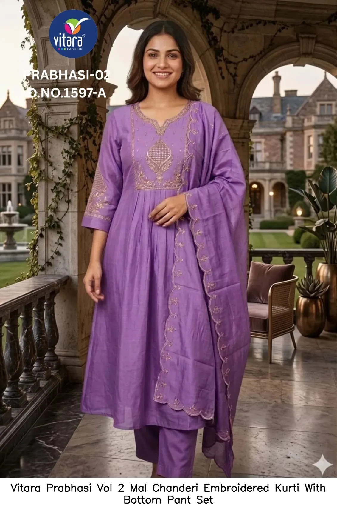 Vitara Prabhasi Vol 2 Mal Chanderi Embroidered Kurti With Bottom Pant Set — Wholesale Cotton Kurti Pant Set, Vitara Fashion wholesale from Surat — view 3