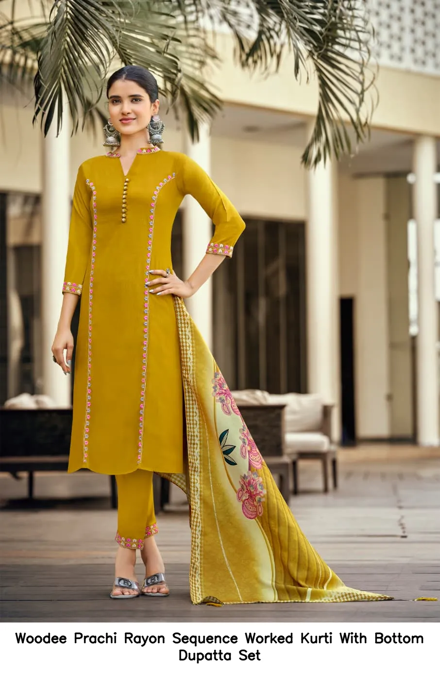 Woodee Prachi Rayon Sequence Worked Kurti With Bottom Dupatta Set — Wholesale Kurti With Bottom Dupatta, Woodee wholesale from Surat — view 2