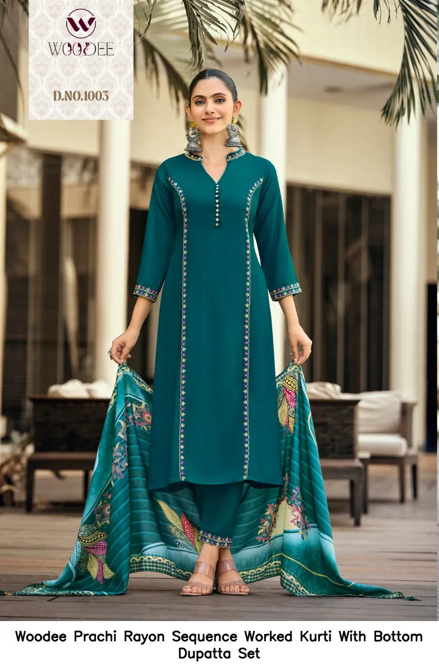 Woodee Prachi Rayon Sequence Worked Kurti With Bottom Dupatta Set — Wholesale Kurti With Bottom Dupatta, Woodee wholesale from Surat — view 3