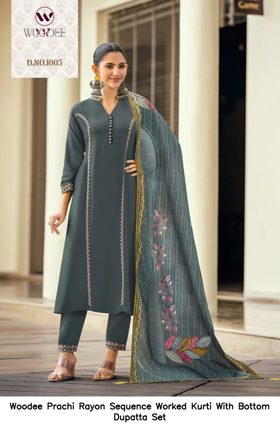 Woodee Prachi Rayon Sequence Worked Kurti With Bottom Dupatta Set — Wholesale Kurti With Bottom Dupatta, Woodee wholesale from Surat — view 4