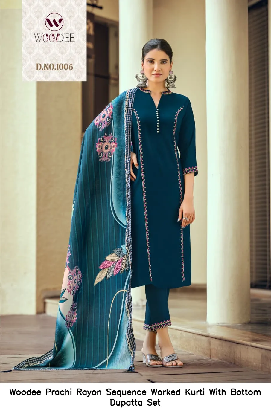 Woodee Prachi Rayon Sequence Worked Kurti With Bottom Dupatta Set — Wholesale Kurti With Bottom Dupatta, Woodee wholesale from Surat — view 9