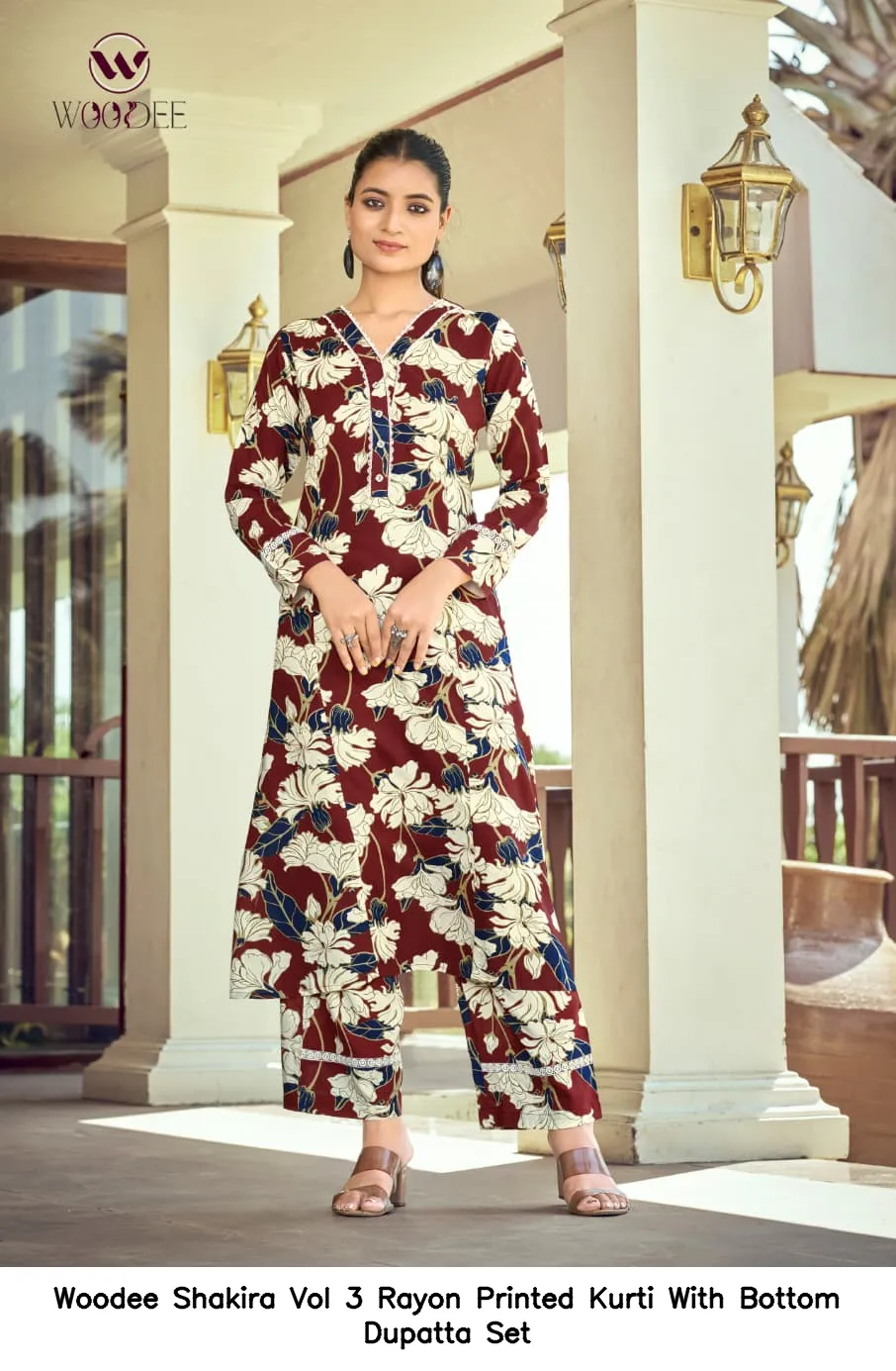 Woodee Shakira Vol 3 Rayon Printed Kurti With Bottom Dupatta Set — Wholesale Cotton Kurti Pant Set, Woodee wholesale from Surat — view 10