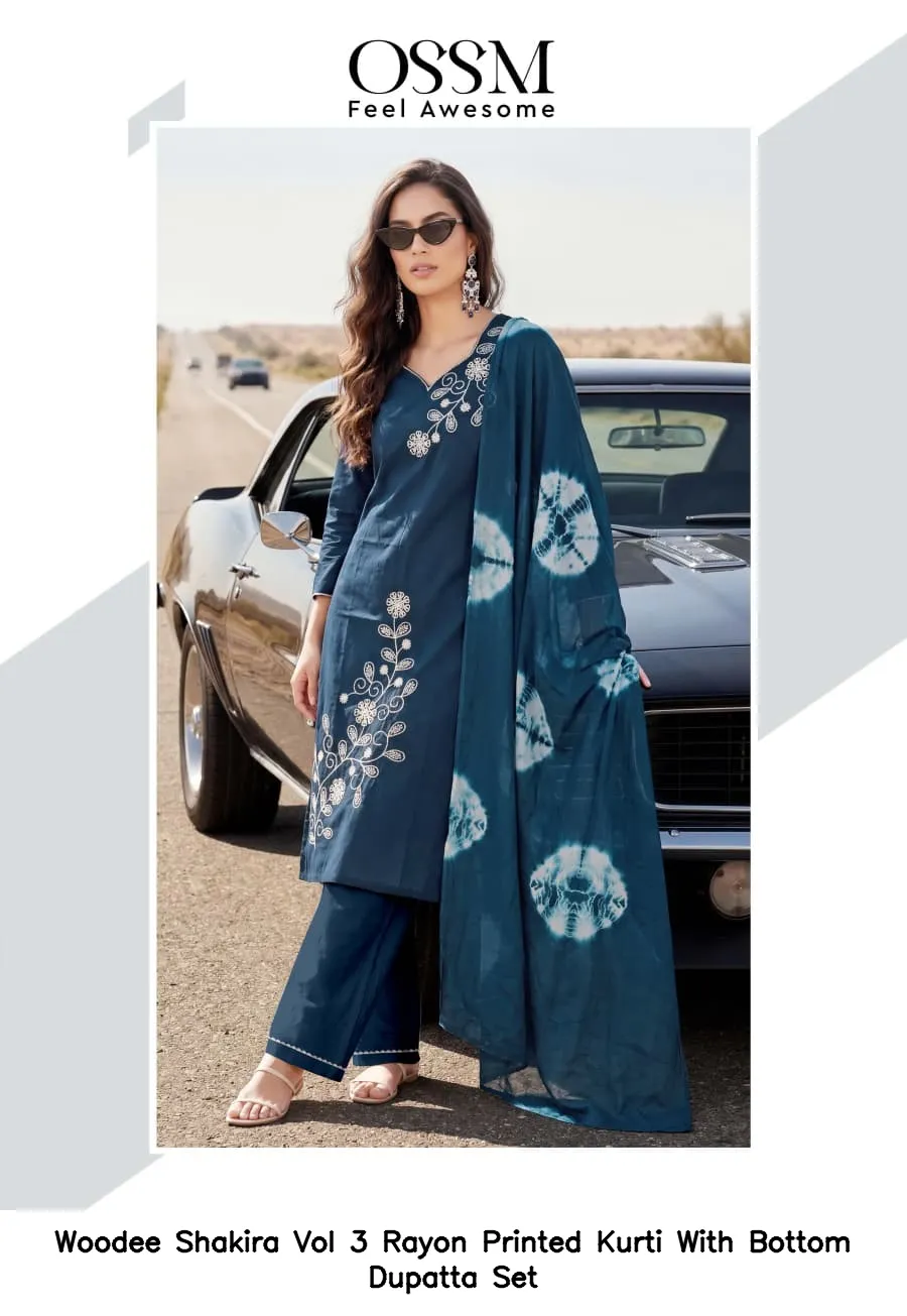 Woodee Shakira Vol 3 Rayon Printed Kurti With Bottom Dupatta Set — Wholesale Cotton Kurti Pant Set, Woodee wholesale from Surat — view 2