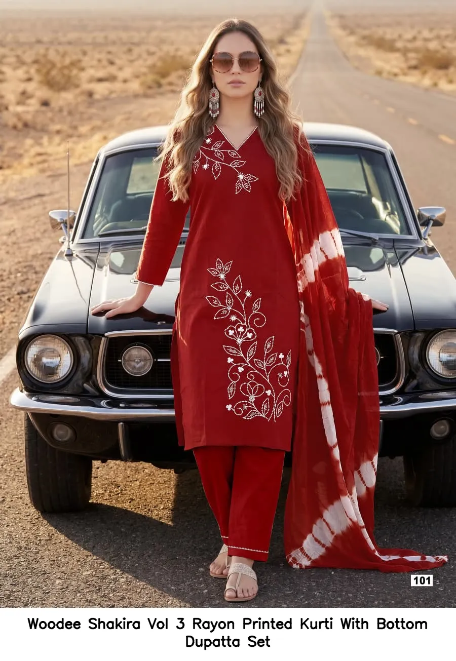 Woodee Shakira Vol 3 Rayon Printed Kurti With Bottom Dupatta Set — Wholesale Cotton Kurti Pant Set, Woodee wholesale from Surat — view 3