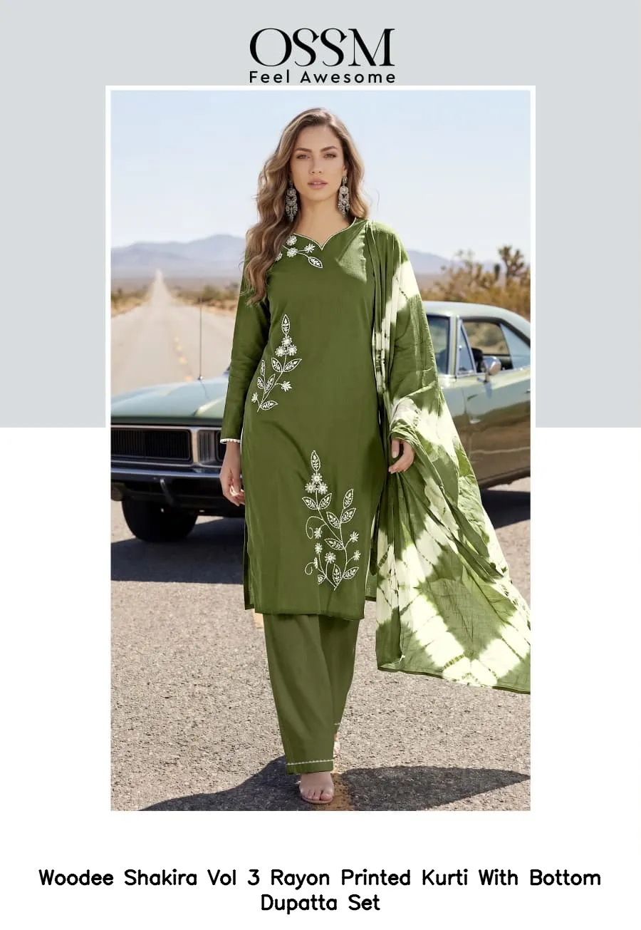 Woodee Shakira Vol 3 Rayon Printed Kurti With Bottom Dupatta Set — Wholesale Cotton Kurti Pant Set, Woodee wholesale from Surat — view 4