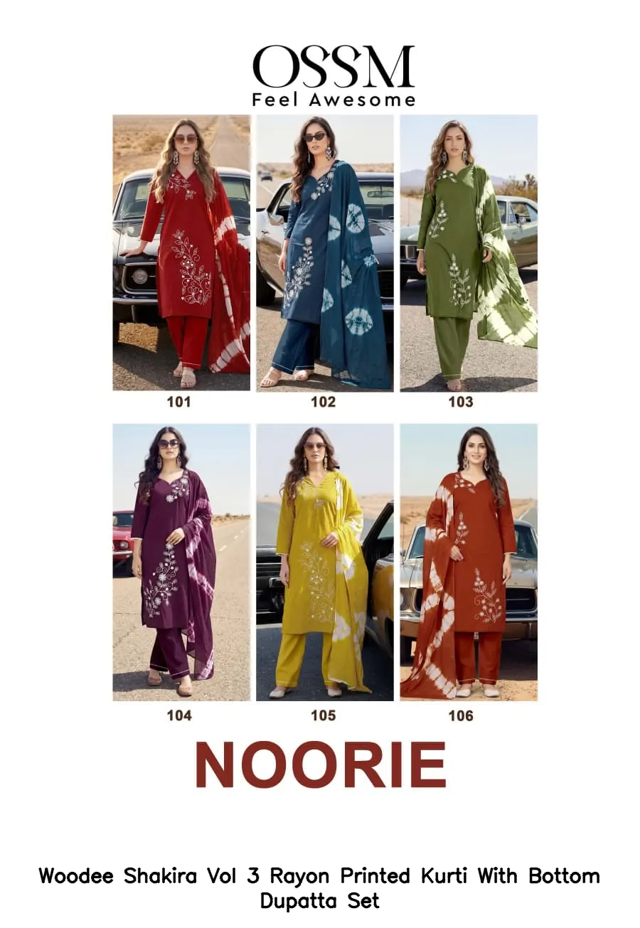 Woodee Shakira Vol 3 Rayon Printed Kurti With Bottom Dupatta Set — Wholesale Cotton Kurti Pant Set, Woodee wholesale from Surat — view 5