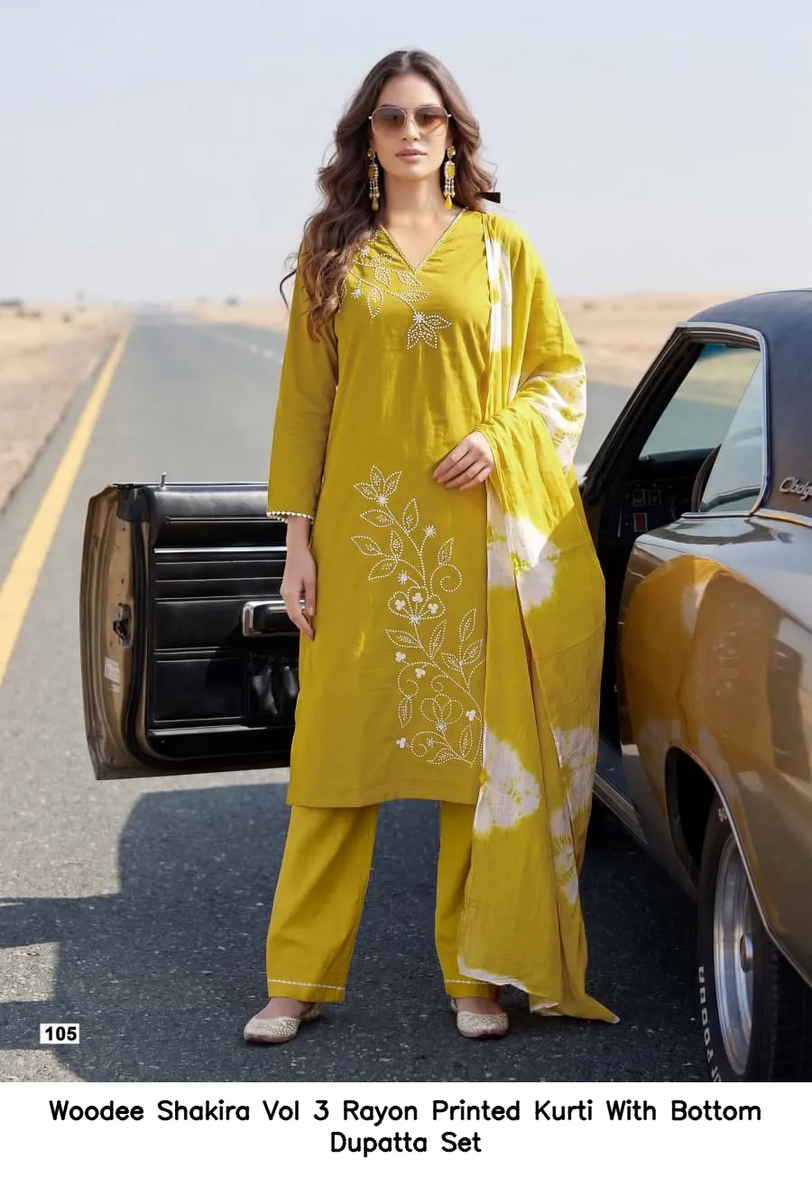 Woodee Shakira Vol 3 Rayon Printed Kurti With Bottom Dupatta Set — Wholesale Cotton Kurti Pant Set, Woodee wholesale from Surat — view 6