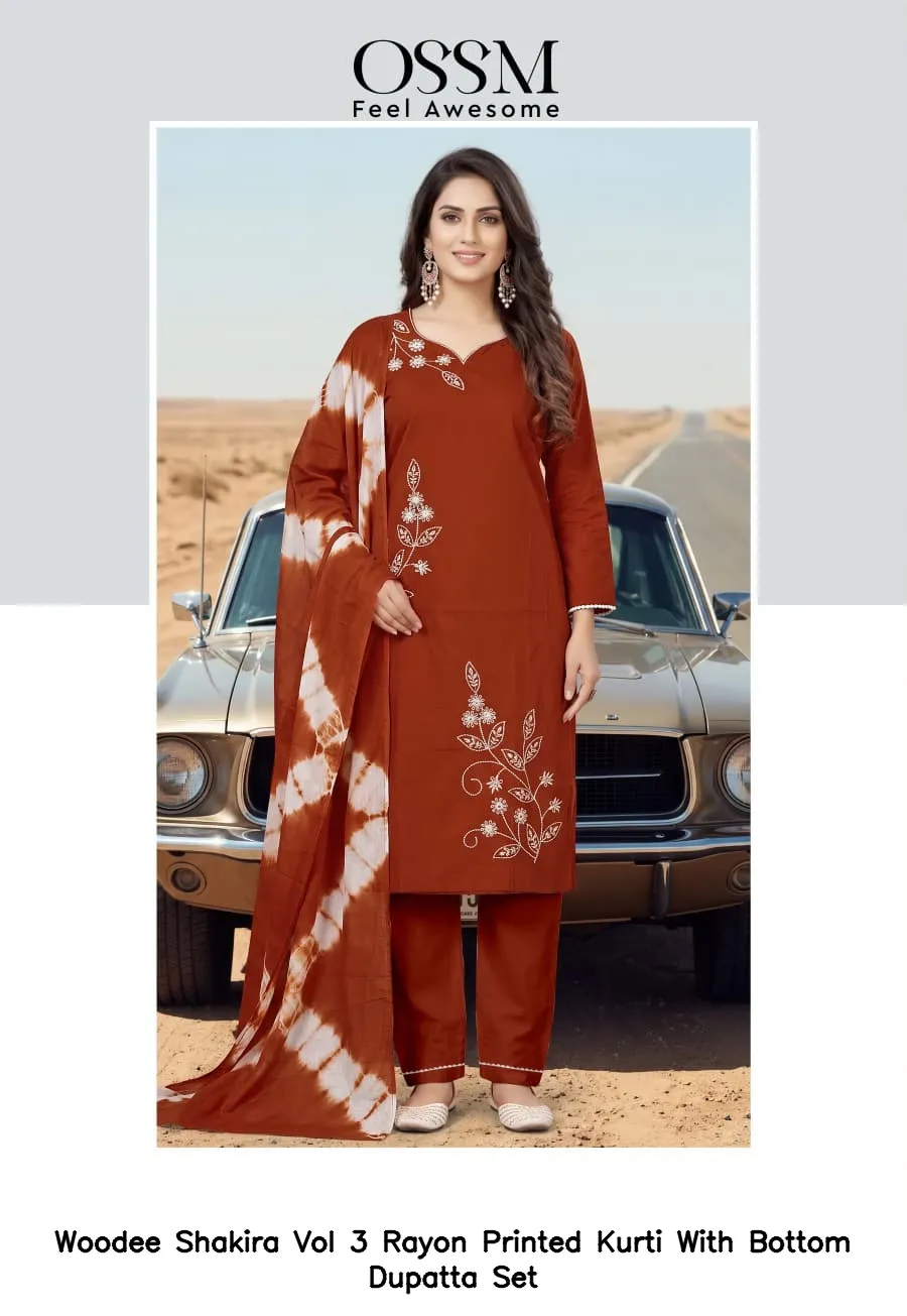 Woodee Shakira Vol 3 Rayon Printed Kurti With Bottom Dupatta Set — Wholesale Cotton Kurti Pant Set, Woodee wholesale from Surat — view 7