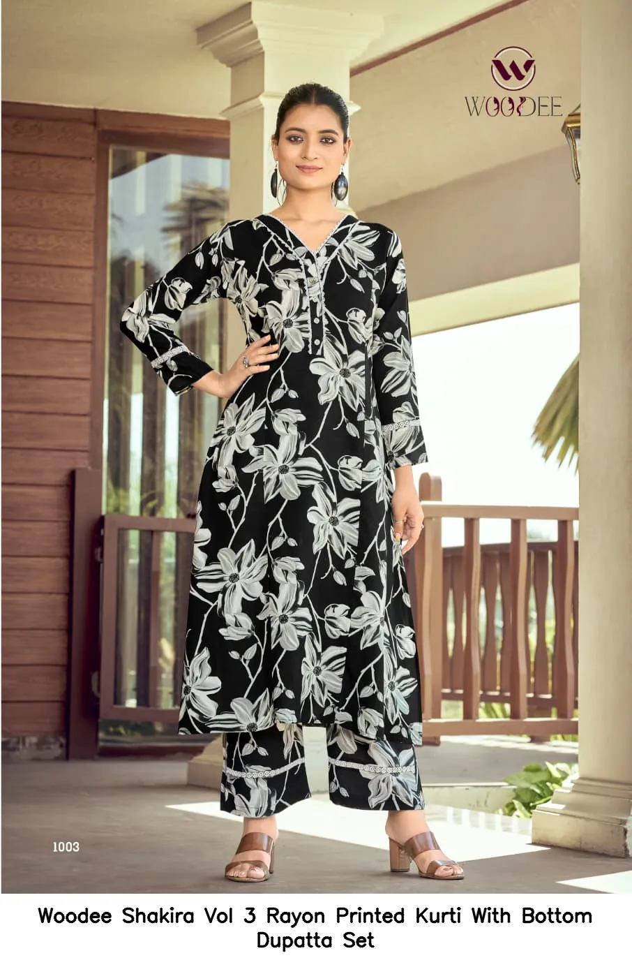 Woodee Shakira Vol 3 Rayon Printed Kurti With Bottom Dupatta Set — Wholesale Cotton Kurti Pant Set, Woodee wholesale from Surat — view 8
