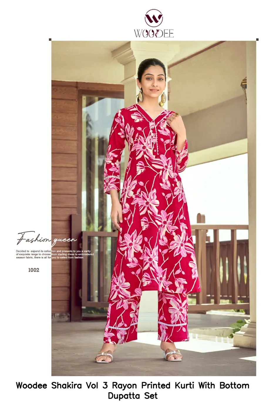 Woodee Shakira Vol 3 Rayon Printed Kurti With Bottom Dupatta Set — Wholesale Cotton Kurti Pant Set, Woodee wholesale from Surat — view 9
