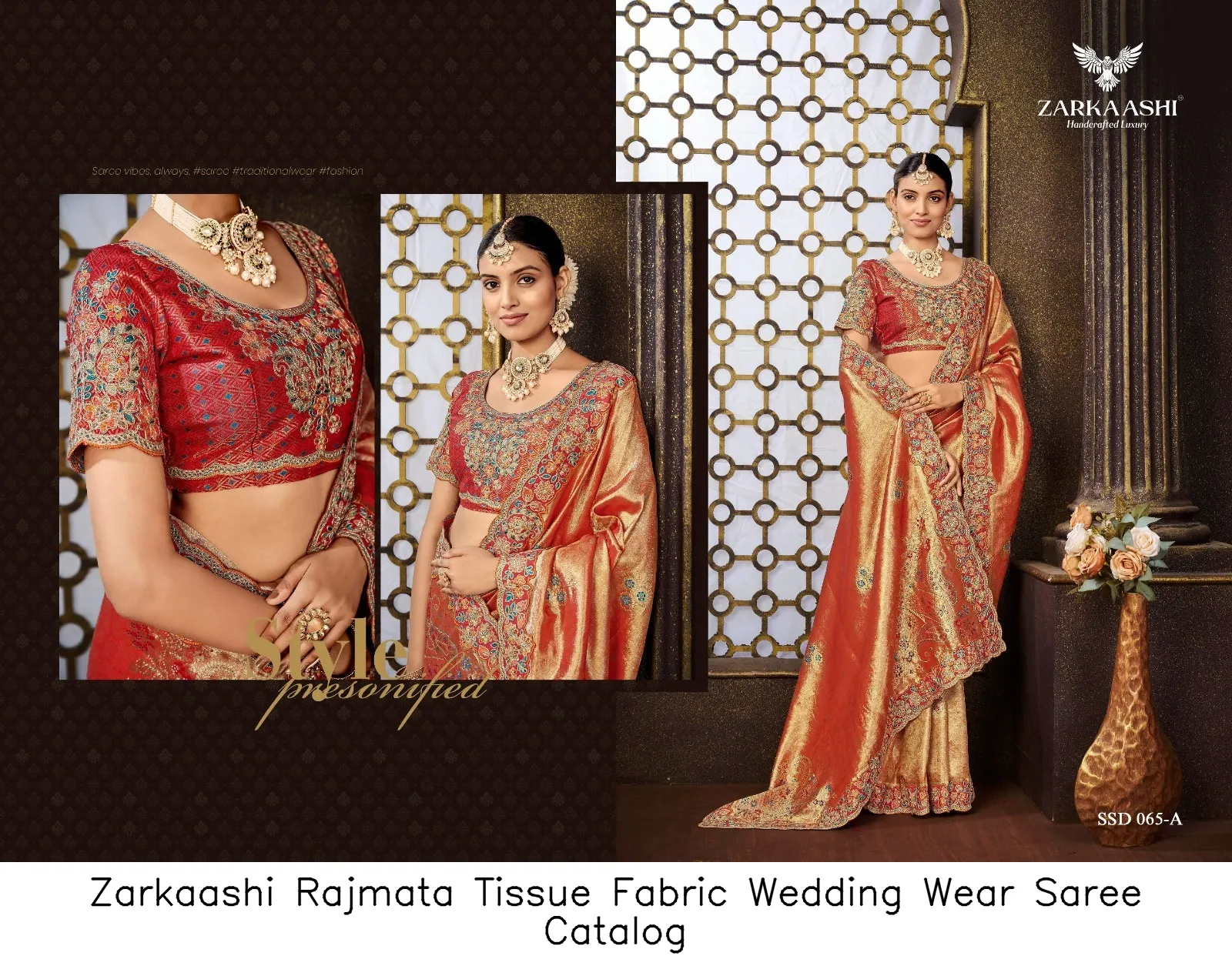 Zarkaashi Rajmata Tissue Fabric Wedding Wear Saree Catalog — Wholesale Sarees, Zarkaashi wholesale from Surat — view 3