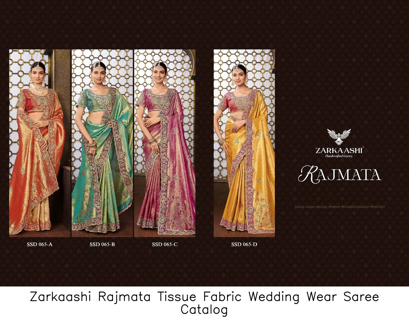 Zarkaashi Rajmata Tissue Fabric Wedding Wear Saree Catalog — Wholesale Sarees, Zarkaashi wholesale from Surat — view 5