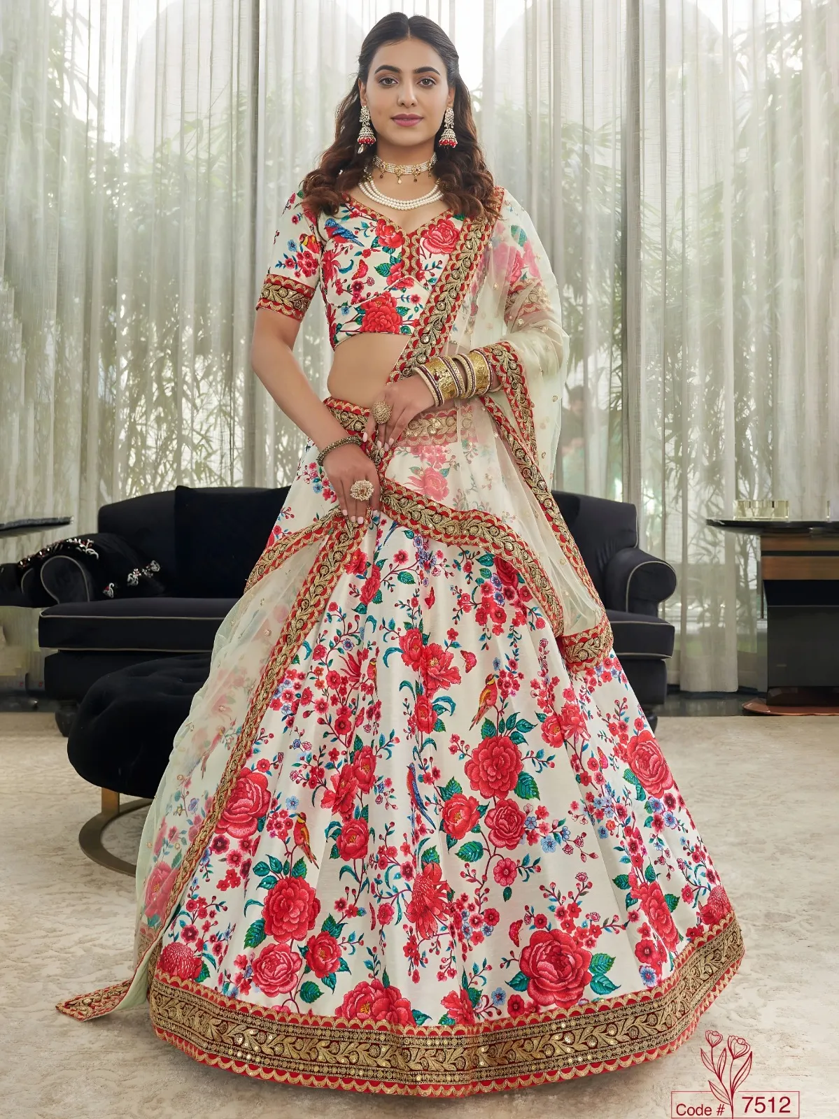 Zeel 7512 This beautiful ivory lehenga  Red floral prints Art Silk Lehenga Set